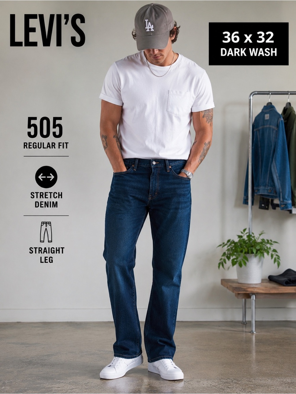 Levi’s 505 Men’s Jeans 36x32 Dark Wash Straight Leg Stretch Denim NWT
